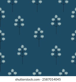 Seamless pattern with small white daisy-like flowers on branches against a dark blue background. Simple and stylish for home textiles and wrapping paper