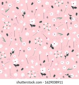 Seamless pattern with small white flowers. Cute pastel print. Vector hand drawn illustration.