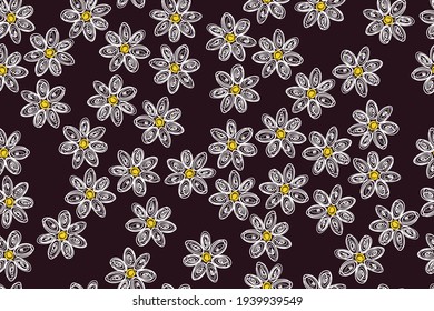 Seamless pattern of small white flowers in one continuous line. Trendy botanical floral print for fabric, wallpaper, bkmaga, cover. Hand-drawn white sketch vector on dark background