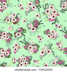 Seamless pattern in small white flowers. Poppy bouquets. Liberty style millefleurs. Floral background for textile, wallpaper, pattern fills, covers, surface, print, wrap, scrapbooking, decoupage.