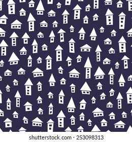 Seamless pattern with small white houses on dark blue background