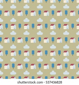 Seamless pattern of small white houses with roofs and green tree