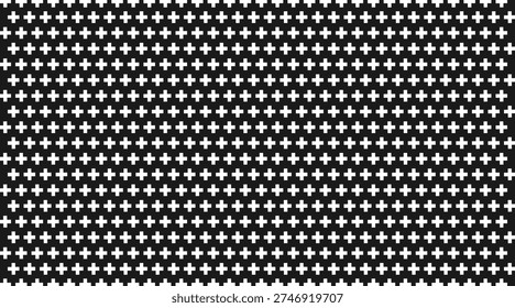 Seamless pattern of small white plus symbols on a black background, modern repeat pattern.