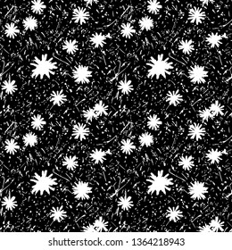 Seamless pattern of small wild flowers. Design of abstract  white flowers. Flowering meadow. Floral black and white background for textile, fabric, wallpapers, covers, print, decoupage, gift wrap.