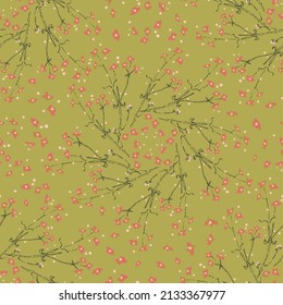Seamless pattern of small wildflowers and leaves. Floral ornament is arranged in geometric order. Design of textiles, paper, packaging, bed linen. vector illustration.