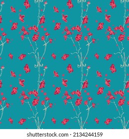 Seamless pattern of small wildflowers and leaves. Floral ornament is arranged in geometric order. Design of textiles, paper, packaging, bed linen. vector illustration.