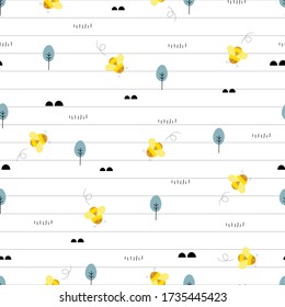 Seamless pattern A small yellow bee And there is a small tree on white background And with notebook lines as wallpaper. Cute design in cartoon style Used for fashion, textile, vector illustration.