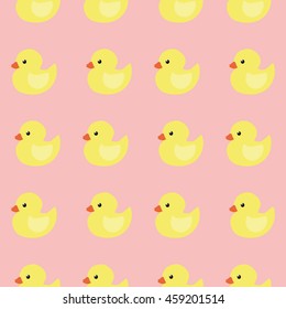 Seamless pattern of small yellow ducks on a pink background. Vector illustration.
