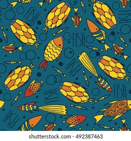 Seamless pattern with small yellow fishes in a chaotic manner on blue background. Handmade cartoon style. Vector illustration