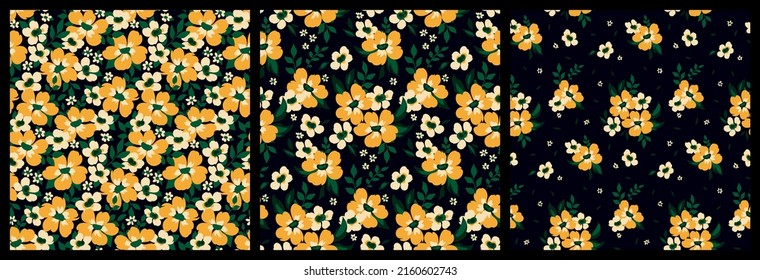 Seamless pattern with small yellow flowers on a dark background in a set. Cute floral print, botanical background with simple bouquets, small flowers, leaves. Vector illustration.