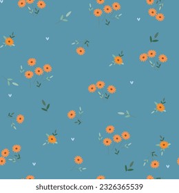 Seamless pattern with small yellow flowers, leaves and light blue hearts on blue background. Vector illustration.