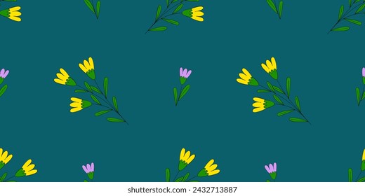 Seamless pattern with small yellow and purple flowers on blue background, vector