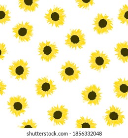 Seamless pattern with small yellow sunflowers isolated on white background. Girly summer floral print for textile or wall paper. Drawn sun flowers texture in vintage style, vector design eps 10