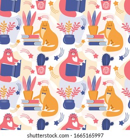 Seamless pattern smart cat reading a book. Modern abstract background pink and orange cat with books, house plants and shooting stars. Funny pet. Hand drawn Scandinavian Wallpaper. Childish design