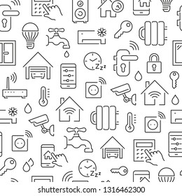 Seamless pattern with smart house. Black and white thin line icons