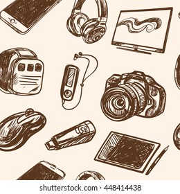seamless pattern smart media devices and personal gadgets. Hand drawn realistic vector decoration