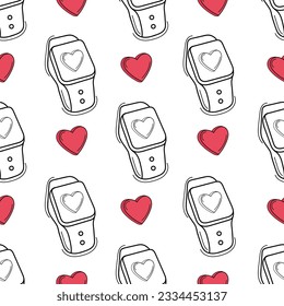 seamless pattern smart watch with heart in doodle style