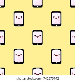Seamless pattern smartphone cartoon characters funny faces. Kawaii cheerful mobiles Flat design Vector Illustration EPS