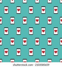 Seamless pattern smartphone with love icon on green background.