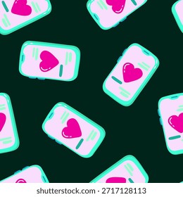 Patrón sin fisuras con teléfonos inteligentes y mensajes de corazón rosa sobre fondo esmeralda oscuro para el día de San Valentín Vector de concepto de comunicación de amor digital