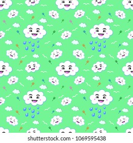 Seamless pattern with smile clouds, rain, drop water, birds on green background. Vector illustration