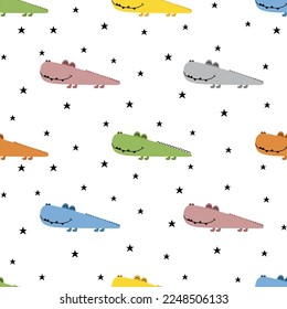 Seamless pattern with smile crocodiles and stars. Childish background. 