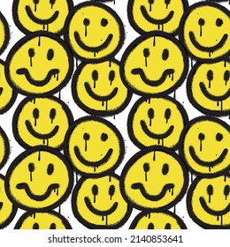 Seamless pattern with smile emoji. Trendy endless unique wallpaper with yelow emoticon design elements. Graffiti happy sprayed signs. Textured hand drawn vector illustration of street wall art.