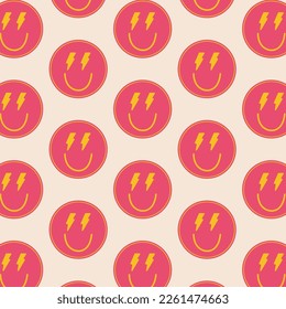 seamless pattern smile face and eyes thunder groovy hippies vector illustration