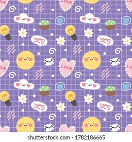 Seamless pattern of smile face,heart,flower,plant,text on purple background.Cute cartoon.Image for wallpaper,paper,sticker.Kid graphic.Kawaii.Vector.Illustration.