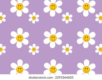 seamless pattern  smile flower cartoon groovy hippie daisy Funny happy sticker vector illustration on purple background
