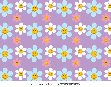 seamless pattern  smile flower color pastel cartoon groovy hippie daisy Funny happy sticker vector illustration on purple background
