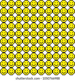 Seamless pattern with smile icons. Happy faces background. Pixel art. Vector illustration.