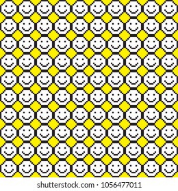 Seamless pattern with smile icons. Happy faces background. Pixel art. Vector illustration.