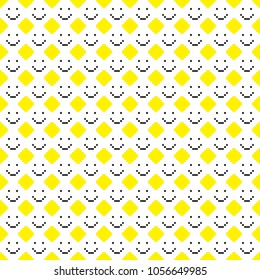 Seamless pattern with smile icons. Happy faces background. Pixel art. Vector illustration.