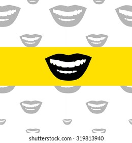 seamless pattern with a smile (lips and teeth) on a yellow background