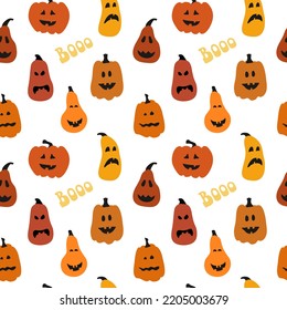 Seamless pattern with smile pumpkins and boo on white background for halloween.