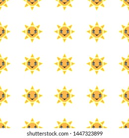 Seamless pattern with smile sun. Pixel art background, cartoon vector illustration. Retro game style.