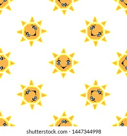 Seamless pattern with smile sun. Pixel art background, cartoon vector illustration. Retro game style.