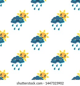 Seamless pattern with smile sun and sad cloud. Pixel art background, cartoon vector illustration. Retro game style.