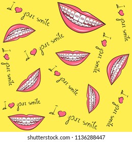 seamless pattern of smiles with braces and text on yellow background