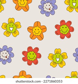 Seamless pattern, smiles flowers. Art background, floral illustration. Surface design with simple shapes........