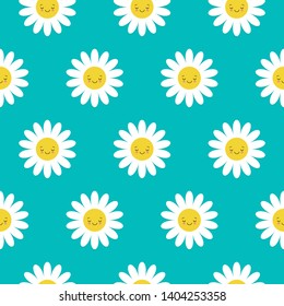 Seamless pattern with smiley daisies. Fun and cute texture with cartoon chamomile.