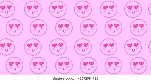 Seamless pattern with smiley face with hearts in eyes. Sketch style. Texture with engraved love smiley's. Valentines day background