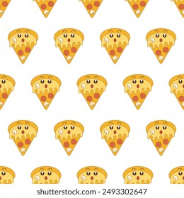 A seamless pattern of smiley faces in the shape of a pizza. Flat, cartoon retro style. For design, flyers, banners, textiles, websites.