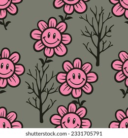 Patrón sin soldadura de flores sonrientes sobre fondo pastel, para fondo, impresión, tela, moda