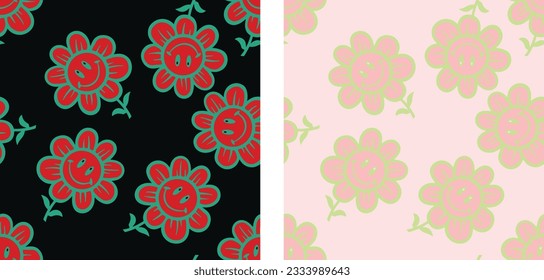 Seamless pattern of smiley flowers on a pastel background