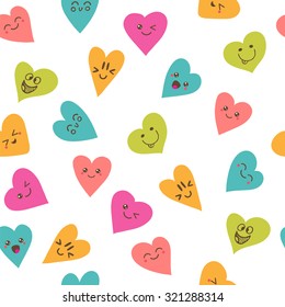 Seamless pattern with smiley hearts. Cute cartoon characters. Vector illustration