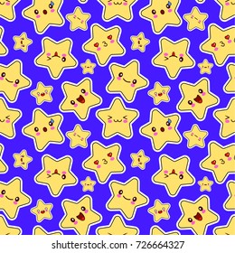 Seamless pattern with smiley kawaii stars characters. funny face Flat design Vector Illustration