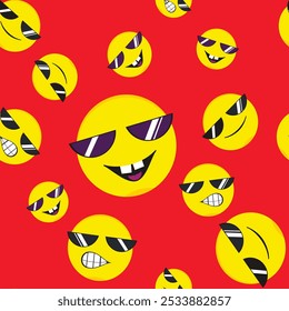 Seamless pattern of smileys. Emotions on a colored background. Cool print on textiles and paper. Vector illustration