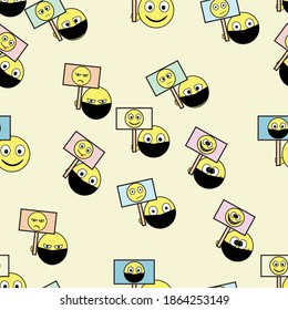 
seamless pattern smileys in masks with a picture of their emotions